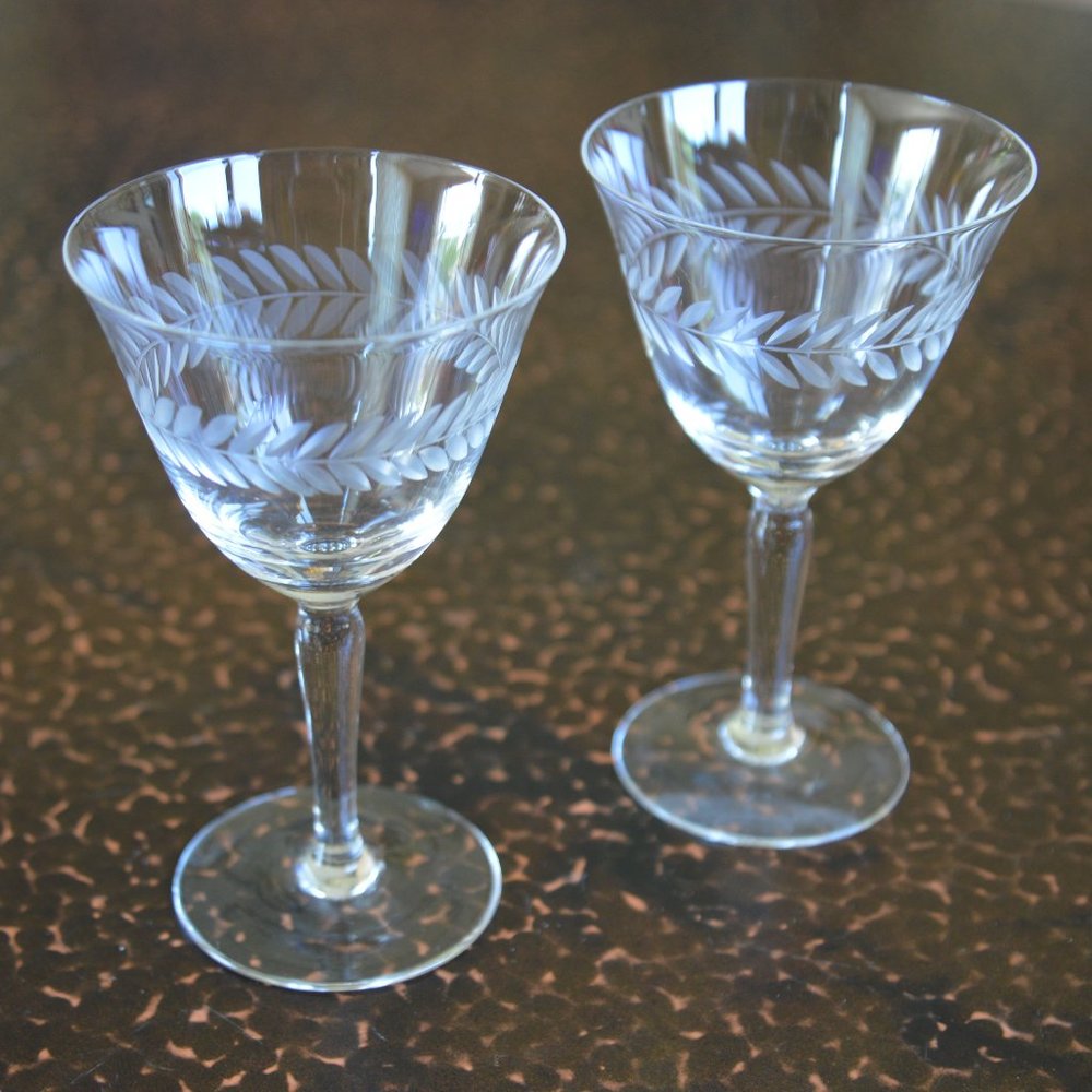 Vintage Etched Stemmed Cordial Glass ~ set of 2